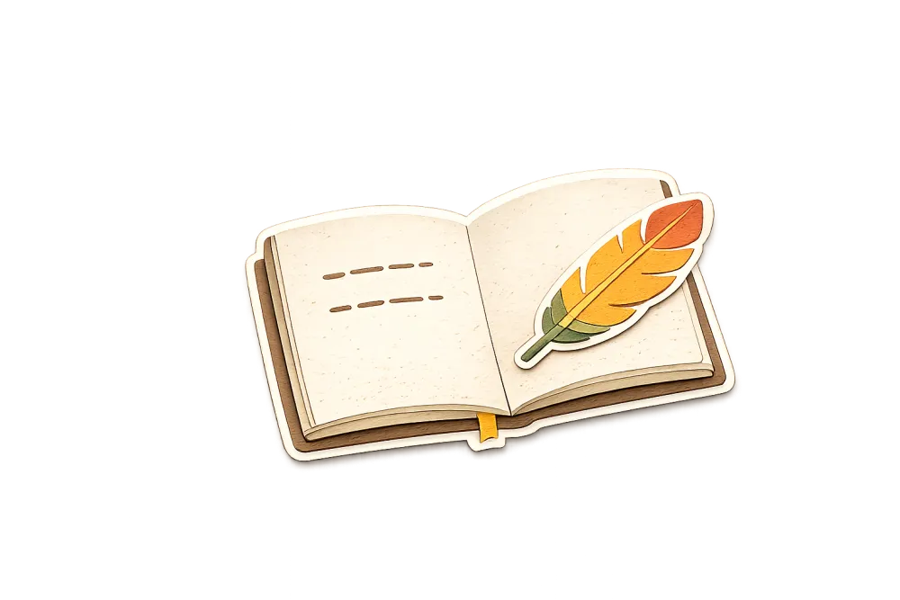 Paper-craft open notebook with a marigold feather resting on the page.