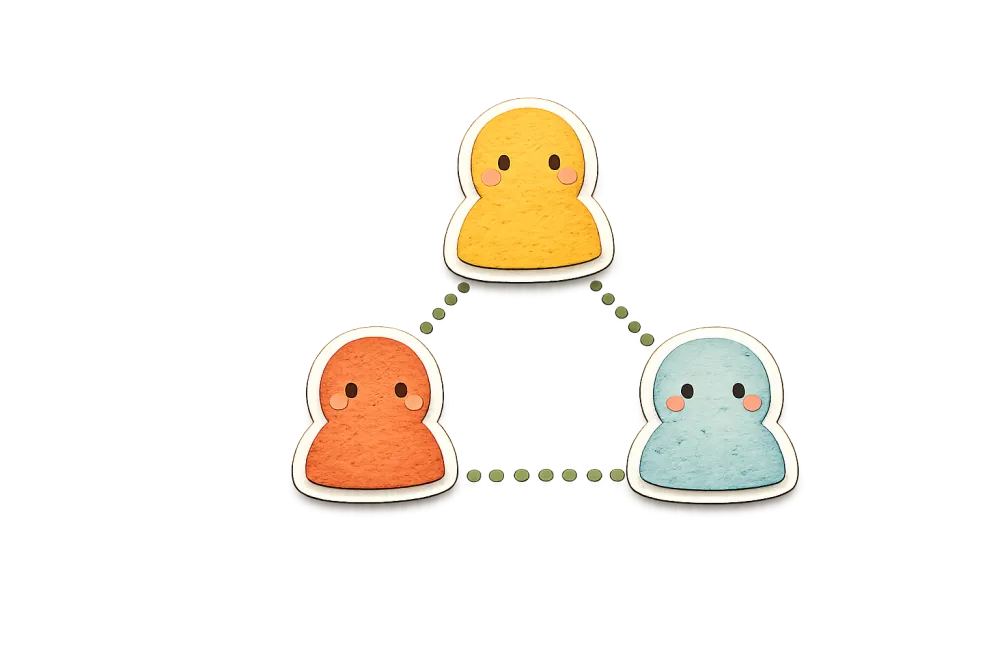 Three paper-craft figures linked by a soft dotted line.